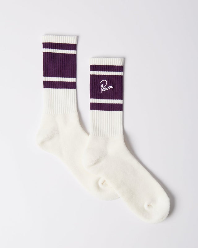 Parra Signature Striped Crew Socks, off white / burgundy.