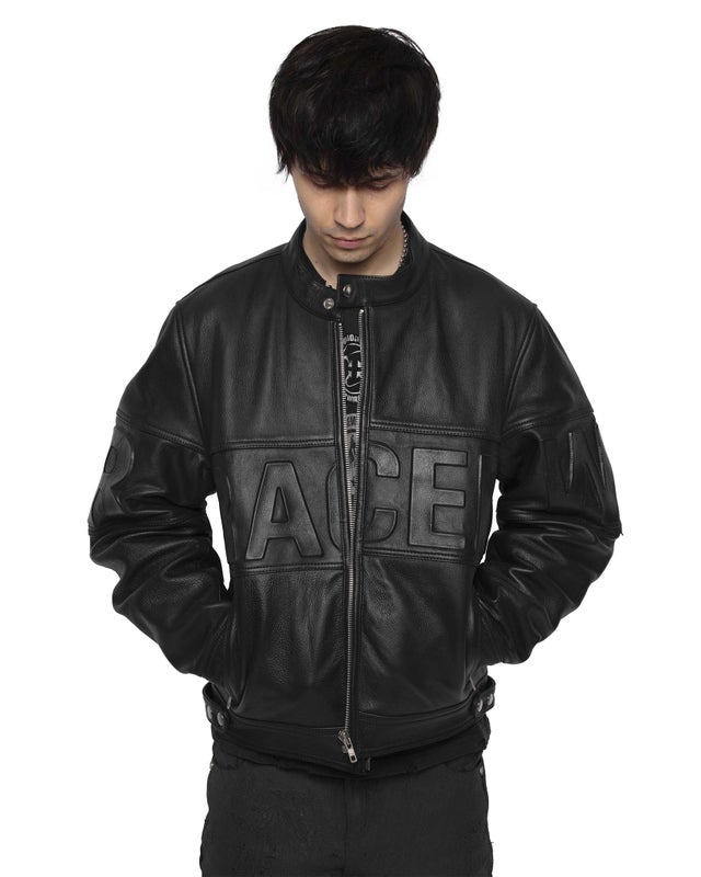 Racer Embossed Leather Jacket, black