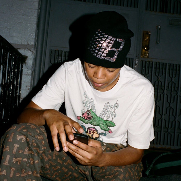 Bronze X Ice Cream Rhinestone Beanie, black