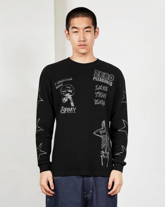 Pleasures X Zero Misled Thermal Longsleeve, black pigment dyed