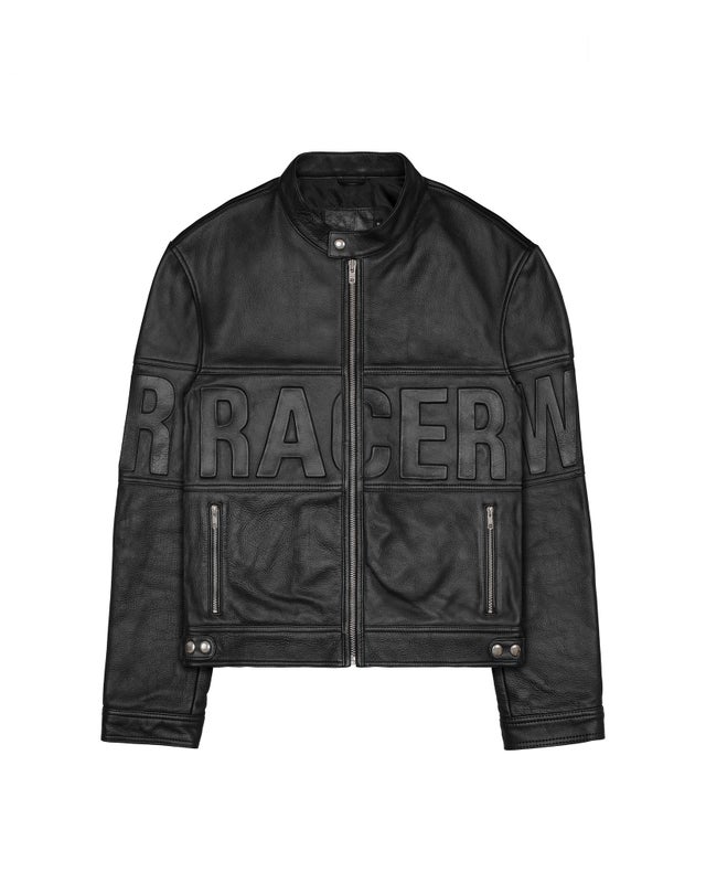 Racer Embossed Leather Jacket, black